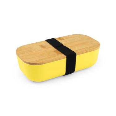 Imagem de Marmita Lancheira Pote P/Comida 700ML com Tampa de Bambu, Recipiente para Alimentos, Em Plástico RPET Com Alça Elástica (Amarelo)