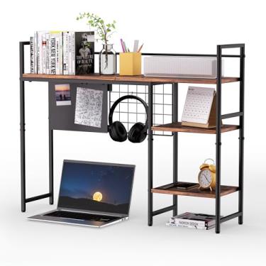 Imagem de ZNMYDMT Estante de mesa de 3 camadas de 98 cm | Prateleira organizadora de mesa e suporte para monitor de computador | Armazenamento de escritório doméstico marrom escuro
