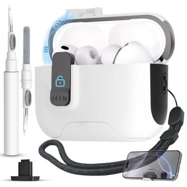 Imagem de Meiyasy Capa para AirPods Pro 3 (2025) com clipe de bloqueio seguro, capa rígida protetora contra queda total pop-up automático para Apple AirPod Pro 3ª geração com cordão e kit de limpeza (branco-A)