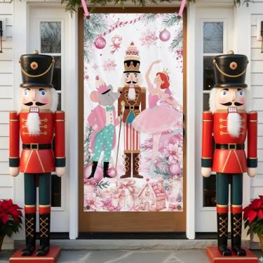 Imagem de Decorações de capa de porta de Feliz Natal, 89 x 189 cm, tecido quebra-nozes rosa, decoração de varanda ao ar livre, bolo de waffle de flores fofas, fundo de porta da frente de inverno para decoração