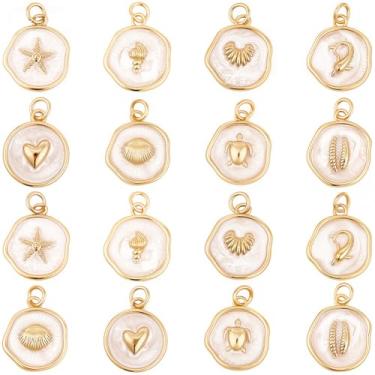 Imagem de SUNNYCLUE 1 caixa, 16 peças, 8 estilos, banhado a ouro 18 K, latão esmaltado, berloques temáticos oceânicos, metal, verão, animal, estrela-do-mar, tartaruga, pingentes, com anel de salto para fazer