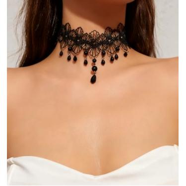 Imagem de Colares pretos para mulheres, corrente gótica ajustável em camadas para cosplay, colar gargantilha feminina de veludo com coração vermelho, ONE SIZE, Renda, Sem Pedra Preciosa