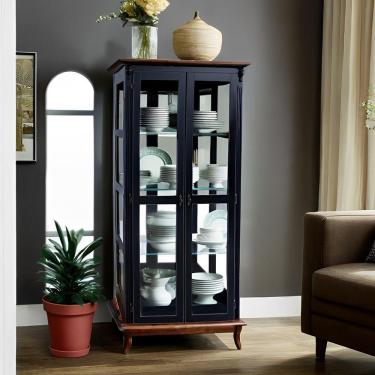 Imagem de Cristaleira De Madeira 2 Portas E Espelho Pés Luíz Xv - Preto Laca Com Base Castanho Envelhecido