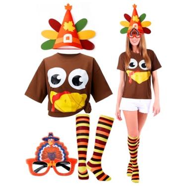 Imagem de Chicingyou Conjunto de 4 peças de fantasia de peru de ação de graças para mulheres, chapéu de peru, meias e óculos de sol para festa de cosplay, Marrom e laranja, Large