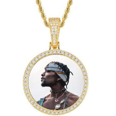 Imagem de QUNTING Colar com foto personalizada com etiqueta de cachorro para homens, corrente de pingente de foto redonda personalizada para mulheres, pingente de medalhão de memória, chaveiro, bolsa