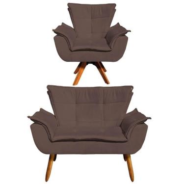 Imagem de Kit Namoradeira 2 Lugares E 1 Poltrona Decorativa Giratória Madeira Opla Suede Marrom - Ibiza