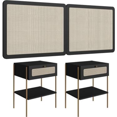 Imagem de Cabeceira Casal Queen 160cm E 2 Mesas Laterais 1 Gaveta Industrial Indy A03 Nero