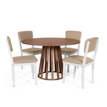 Imagem de Mesa De Jantar Redonda Gabi Noronha Com 4 Cadeiras Estofadas Ella Branco/bege