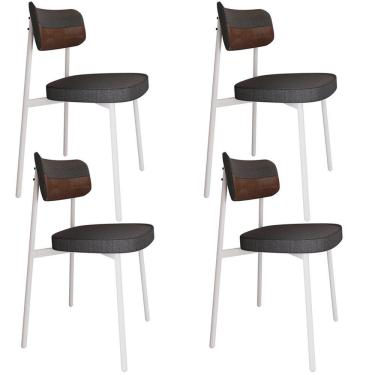 Imagem de Kit 04 Cadeiras Estofada Para Sala De Jantar Astrid Branco C01 Linho Preto Courino Whisky - Lyam Decor