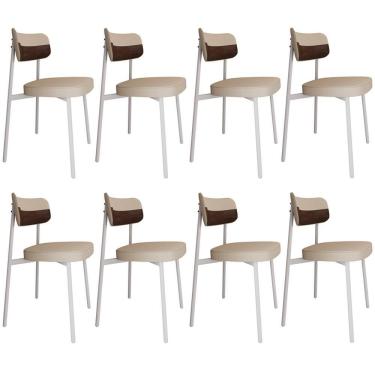 Imagem de Kit 08 Cadeiras Estofada Para Sala De Jantar Astrid Branco C01 Linho Areia Courino Whisky - Lyam Decor