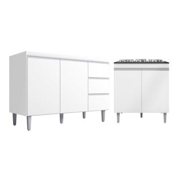 Imagem de Kit Balcão Gabinete Para Pia Andreia 120cm C- Balcão Cooktop 4 Ou 5 Bocas Branco