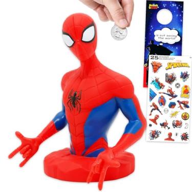 Imagem de Spiderman Piggy Bank Set - Bundle with 7" Marvel Spiderman Coin Saving Money Currency Banknote Jar Plus Stickers, More | Spiderman Money Bank for Kids, Girls, Boys