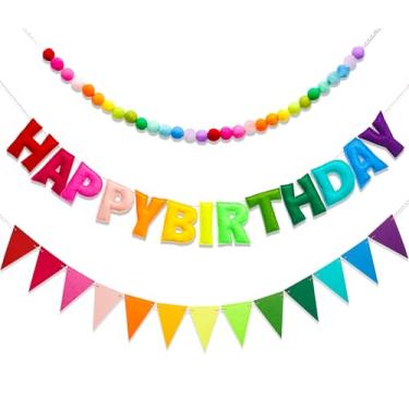 Imagem de 3 peças de banner reutilizável de feliz aniversário, guirlanda de bola de feltro de lã feita à mão, bandeiras triangulares, guirlanda de pompom de feltro personalizada para decoração de festa de