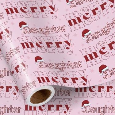 Imagem de RUSPEPA Rolo de papel de embrulho de Natal para filha, mini rolo, texto rosa Merry Daughter, design de chapéu de Papai Noel e floco de neve, papel de embrulho de presente festivo para meninas