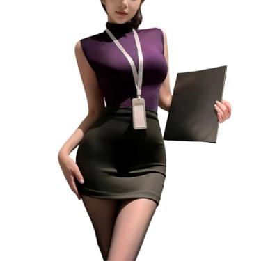 Imagem de Fantasia feminina sexy de uniforme de secretária, fantasia de escritório, cosplay, regata e minissaia com crachá e meias abertas (GG/2GG, roxo)