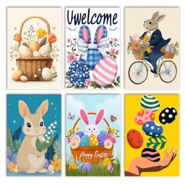 Imagem de Tucocoo Pacote com 6 tintas por números para adultos iniciantes, kits de pintura de páscoa por números em tela, coelhinho fofo, pintura a óleo, faça você mesmo, tintas acrílicas, decoração de parede