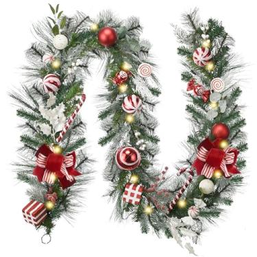 Imagem de Valery Madelyn 2,7 m/269 cm, doces vermelhos, brancos, pré-iluminados, guirlanda de Natal com ornamentos de bola, bengala de doces, operada por bateria, 20 luzes LED para porta externa, árvore de Natal, cornija, lareira