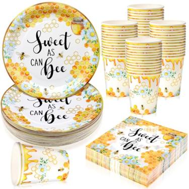 Imagem de Ziliny 200 peças de pratos de papel para chá de bebê doce como pode abelha, guardanapos, copos, decoração de festa de abelha, utensílios de mesa descartáveis para 50 convidados, meninos, meninas