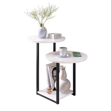 Imagem de Mesa Lateral Mesinha Sala Quarto Industrial Pés de Ferro Luiza - Branco/Preto - RPM Móveis