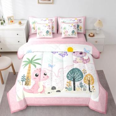 Imagem de Feelyou Jogo de cama casal de dinossauros fofos, 7 peças, desenho animado, animais selvagens, animais selvagens, com edredom, lençóis, fronhas, capas de almofada, planta de dinossauro, selva