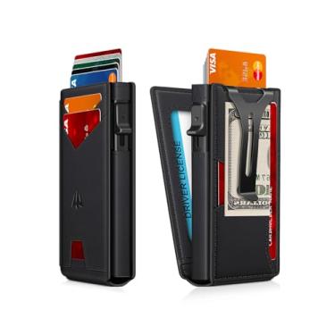 Imagem de Carteira masculina, fina e minimalista com clipe para dinheiro e janela para identidade, porta-cartão de crédito pop-up com bloqueio RFID, carteira masculina inteligente de alumínio para 9 a 13