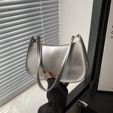 Imagem de Bolsas de ombro para mulheres, bolsa Hobo fofa, mini bolsa clutch com fecho de zíper, bolsa de mão retrô nas axilas, Prata, Simplicidade