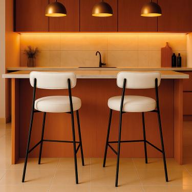 Imagem de Banqueta Cozinha Média com Encosto Industrial Preto Kit 2 Londres PU Branco D03 - D'Rossi