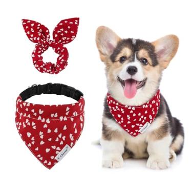 Imagem de E-Clover Coleiras de cachorro para meninas - coleira de coração e scrunchie combinando, coleiras ajustáveis para meninas, meninos, cães, PP, dono, dia dos namorados, vermelho