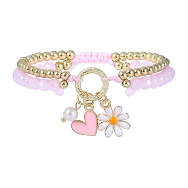 Imagem de RISHEGAE Pulseira de ouro para mulheres com cordão de camada dupla conjunto de pulseiras boho com contas conjunto de pulseiras margarida coração pérola pingentes modernos joias feitas à mão presente