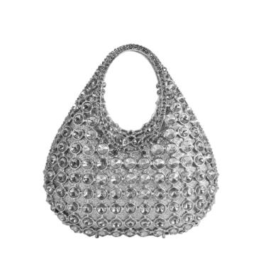 Imagem de MNBVUIW Bolsa feminina brilhante para noite com glitter e strass, bolsa clutch com alça superior com corrente para festa de casamento, Prata, Elegante