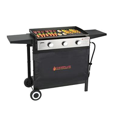 Imagem de CAMPLUX Chapa de propano, grelha a gás de topo plano, 33.000 BTU churrasqueira de propano ao ar livre, 3 bocas com tampa para cozinhar ao ar livre, acampamento e churrasco de quintal, preta