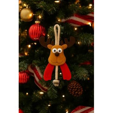 Imagem de Enfeite Pingente Decorativo de Rena Natalina em Feltro com Guizo, Marrom e Vermelho, Pendurador de Corda, Decoração de Natal 21cm