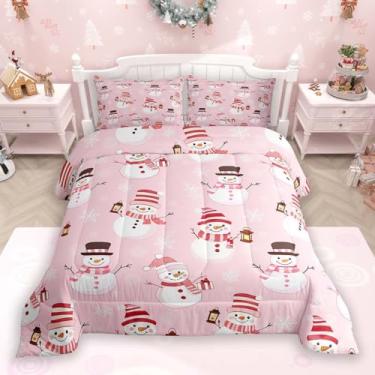 Imagem de Feelyou Conjunto de edredom de Natal rosa para meninas, tamanho casal, boneco de neve, para crianças, meninos, meninas, floco de neve, decoração de quarto feliz, microfibra, 3 peças com 2 fronhas
