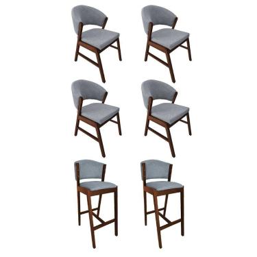 Imagem de Kit 4 Cadeiras De Jantar Debora Com 2 Banquetas Ana Madeira Maciça Premium Linho Cinza