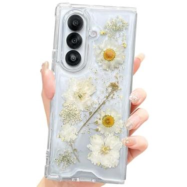 Imagem de CEOKOK Capa floral para Samsung Galaxy Z FOLD 7 fofa transparente com margaridas brancas prensadas design de flores de dente de leão dourado brilhante proteção à prova de choque mulheres meninas