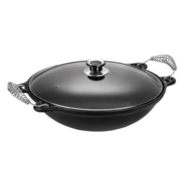 Imagem de Panela Mineira Wok Em Ferro Alça Espiral Tampa Vidro 32cm 4l