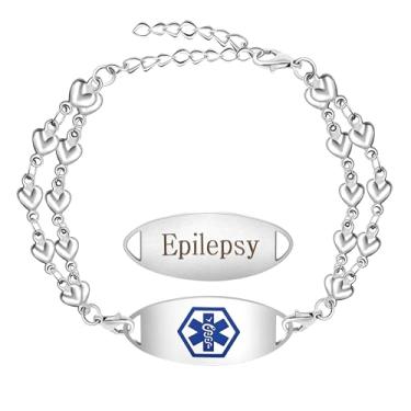 Imagem de Oneress Pulseira de identificação médica com corrente dupla de coração, doença crônica, aço inoxidável, alerta de saúde, joia gravada, pulseira de segurança do paciente, presente para mulheres e
