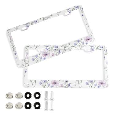 Imagem de SEHANY Molduras de placa de licença de flores florais coloridas, capas de moldura de placa de carro de alumínio à prova de ferrugem com orifícios elípticos e parafusos serve para veículos padrão dos
