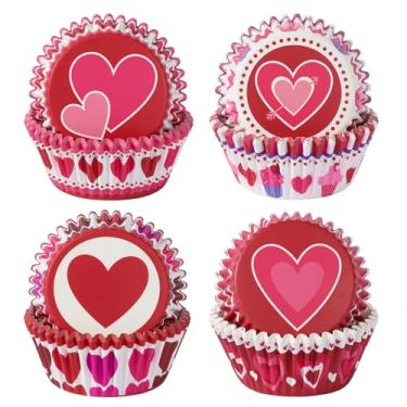 Imagem de SKIDEC Pacote com 100 forros de cupcake padrão, copos de papel colorido para assar corações, embalagens descartáveis de cupcake de grau alimentício, forros de muffin para decoração de festa temática