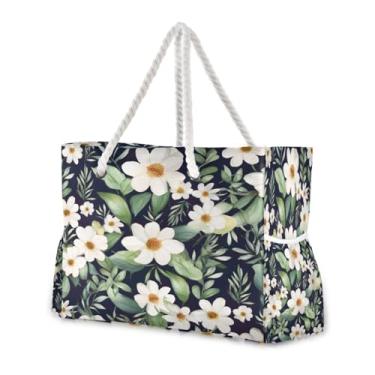 Imagem de Wassud Bolsa de praia grande com flores brancas e folhas verdes para mulheres, impermeável, à prova de areia, bolsa de viagem com zíper e bolso para piscina, academia, acampamento