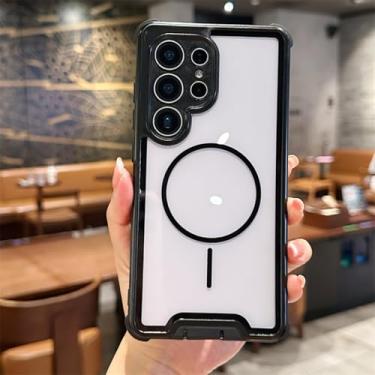 Imagem de HJZSZX Capa transparente 2 em 1 à prova de choque com carregamento sem fio magnético e moldura contrastante para Galaxy S25 Ultra (para Galaxy S25 Ultra/preto)