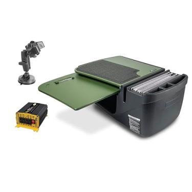 Imagem de AutoExec Mesa de carro GripMaster para sua estação de trabalho de veículos e escritório móvel, verde militar, com inversor de potência de 400 watts e suporte de sucção para telefone