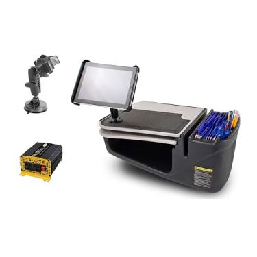 Imagem de AutoExec Mesa de carro GripMaster para sua estação de trabalho de veículo e escritório móvel, cinza, com inversor de potência de 400 watts, suporte para tablet e suporte de sucção para telefone