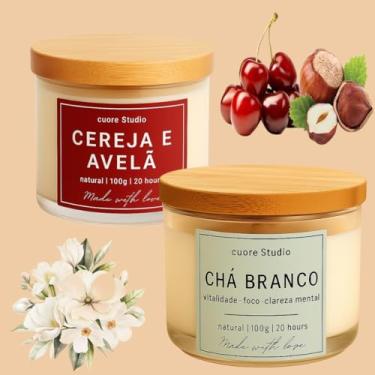 Imagem de Cuore Studio Vela Aromática Perfumada Natural, Kit com 2, Chá Branco, Vanilla, Baunilha, Alecrim, Lavanda, Capim Limão, Bamboo, Cereja e Avelã, Jasmim, 100g cada (Chá Branco e Cereja com Avelã)
