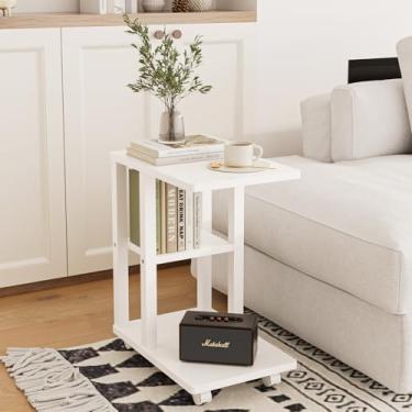 Imagem de Masupu Mesa lateral de sofá em forma de C, mesa de canto pequena com prateleira de armazenamento, mesa de cabeceira com rodas, bandeja de TV de madeira para sofá, sala de estar, quarto, banheiro