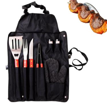 Imagem de Kit Churrasco 8 Peças com Avental, Utensílios em Aço Inox, Cabo em Madeira Envernizada, Inclui Faca, Garfo, Espátula, Pegador, Luva Térmica, Saleiro e Paliteiro