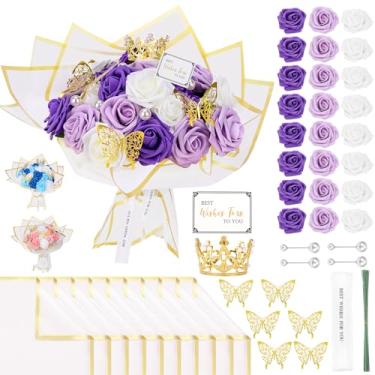 Imagem de Cinpode Kit de buquê de rosas faça você mesmo, buquê artificial de rosas roxas, buquê falso de flores eternas para dia dos namorados, aniversário, noivado, casamento, Halloween, presentes de Dia das