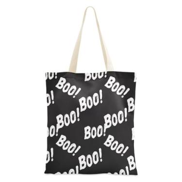 Imagem de JUZIHAI Sacola de lona de Halloween, bolsa temática reutilizável Halloween Boo com bolso interno, bolsa de viagem para festa de compras de grande capacidade