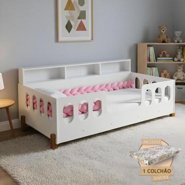 Imagem de Cama Completa em Mdf Nina com Colchão + Enxoval Infantil Trança Rosa 2