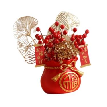 Imagem de Ioensy Arranjo floral portátil de flores artificiais com frutos vermelhos e folhas douradas para decoração do Ano Lunar Chinês, ideal para a cozinha.